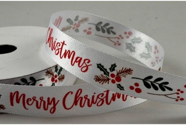 RIBXMASWHITE1510 - White Merry Christmas Ribbon